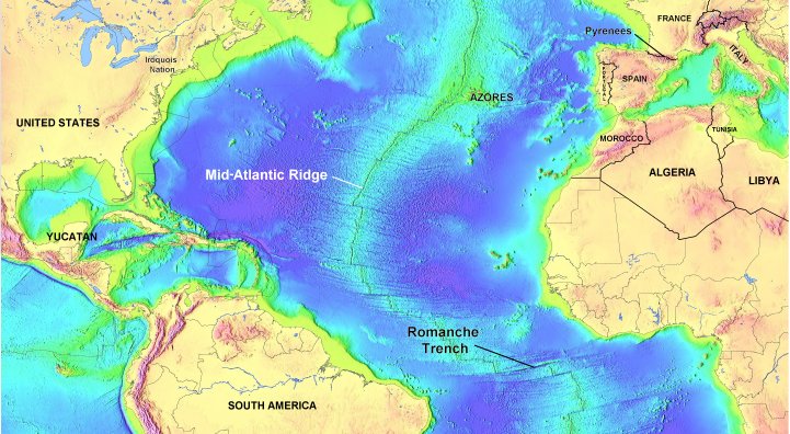 Map of the Atlantic Ocean showing the Mid-Atlantic Ridge