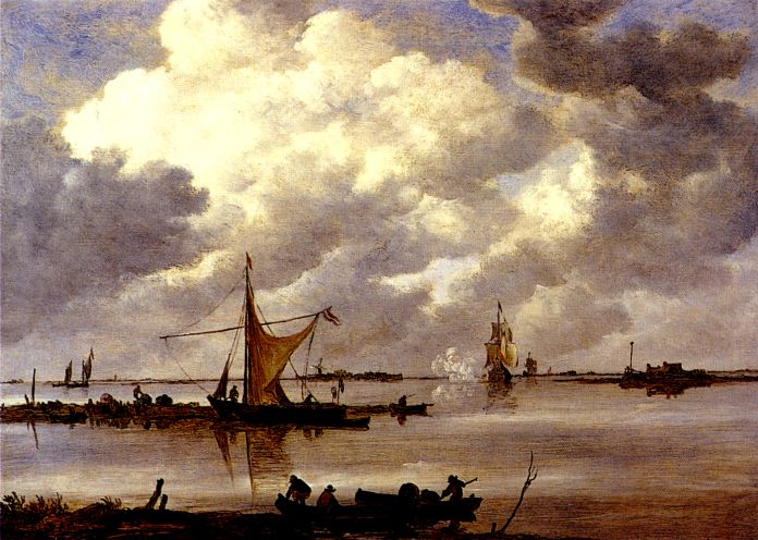 An Estuary With Fishing Boats and Two Frigates - Jan van Goyen